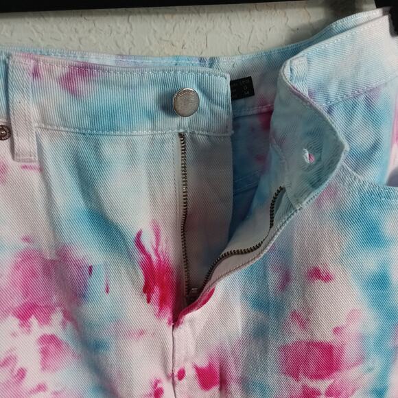 VOLCOM Women's Tie Dye Denim "Fix It Mini Skirt" Mid Rise Pink Blue White, L(10) - Picture 6 of 12